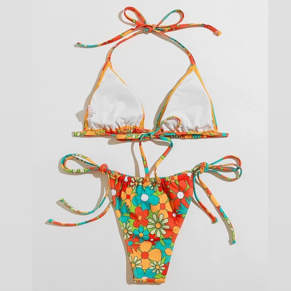 NEW ✨ Women's Floral Print Halter Triangle Tie Side Bikini Set - Picture 4 of 4